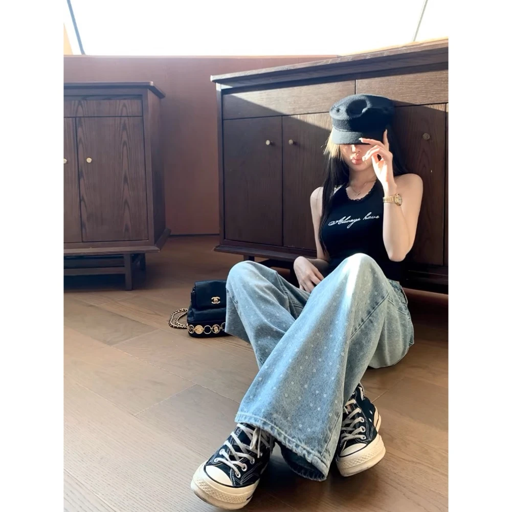 CIAOKISS·【美式加州】辣妹波点印花垂感阔腿宽松拖地牛仔裤