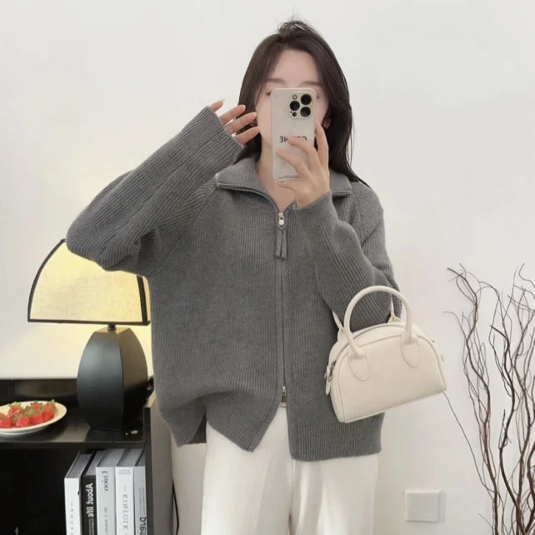 超好看慵懒风灰色拉链毛衣外套女秋冬季2024新款加厚针织开衫上衣