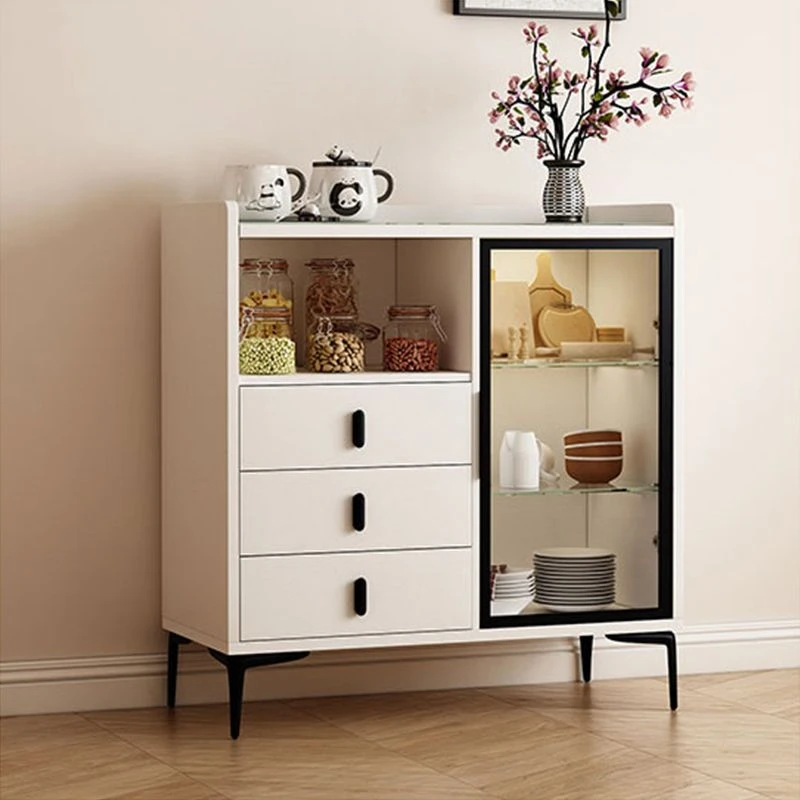 岩板餐边柜家用现代茶水柜轻奢奶油风碗橱柜一体客厅玻璃门储物柜