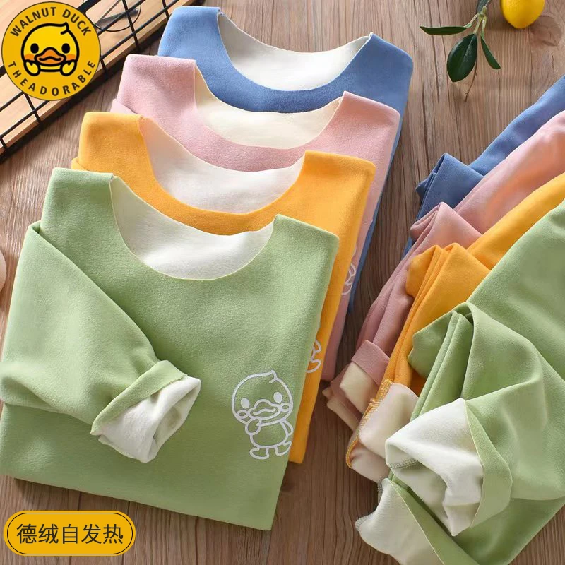 秋小黄鸭双面德绒发热无痕秋衣秋裤男女孩中大童加绒睡衣儿童保暖