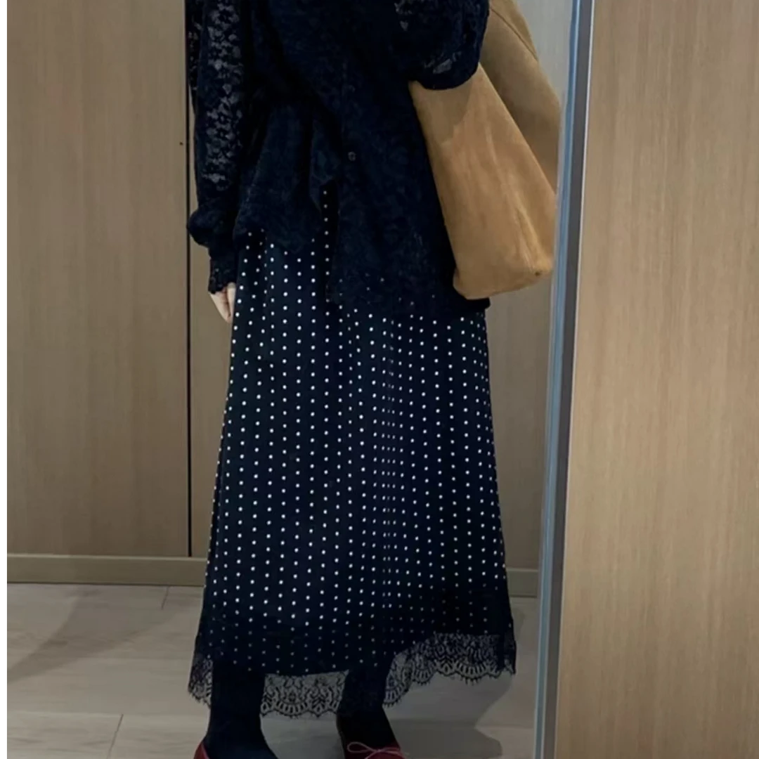 6117气质欧尼 加绒波点下摆蕾丝半身裙