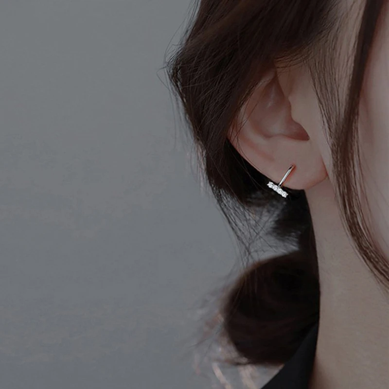925银耳饰 镶钻一字耳扣小众气质设计感几何U形耳环冷淡风耳饰潮