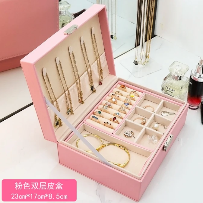 大容量木质奢华收纳盒多功能耳钉收纳带锁精致皮质分格首饰盒韩版