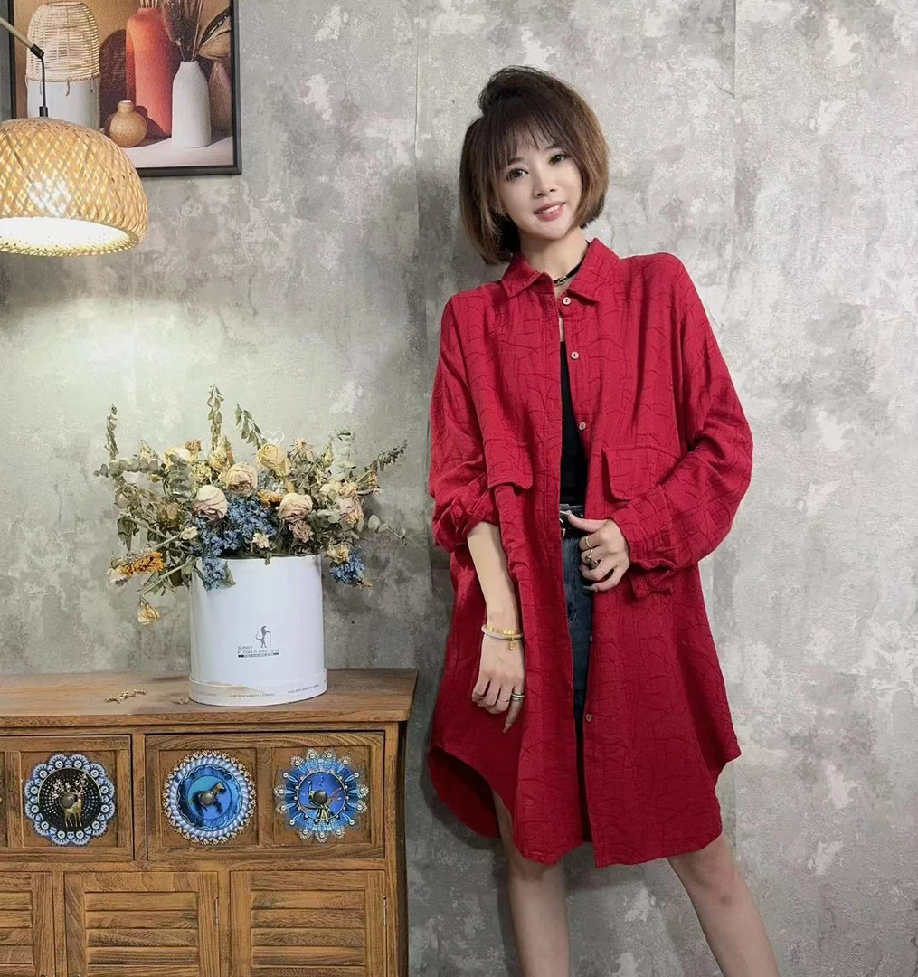 【沐木流浪记】（ 尘埃未定）玫瑰红纹路翻领双口袋风衣外套z703