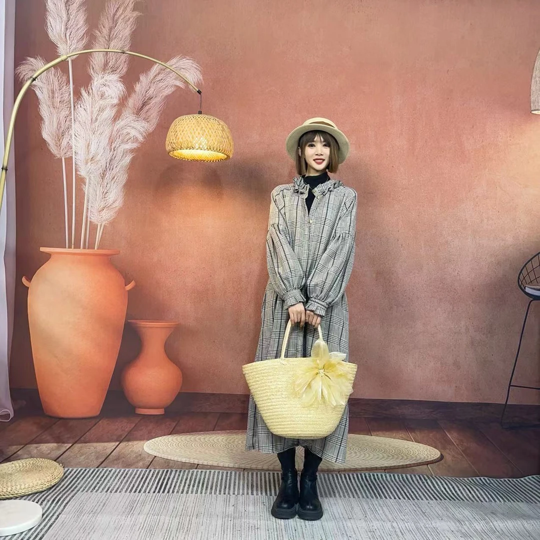 【沐木流浪记】灰黑花边领双口袋连衣裙女装风衣外套Z145