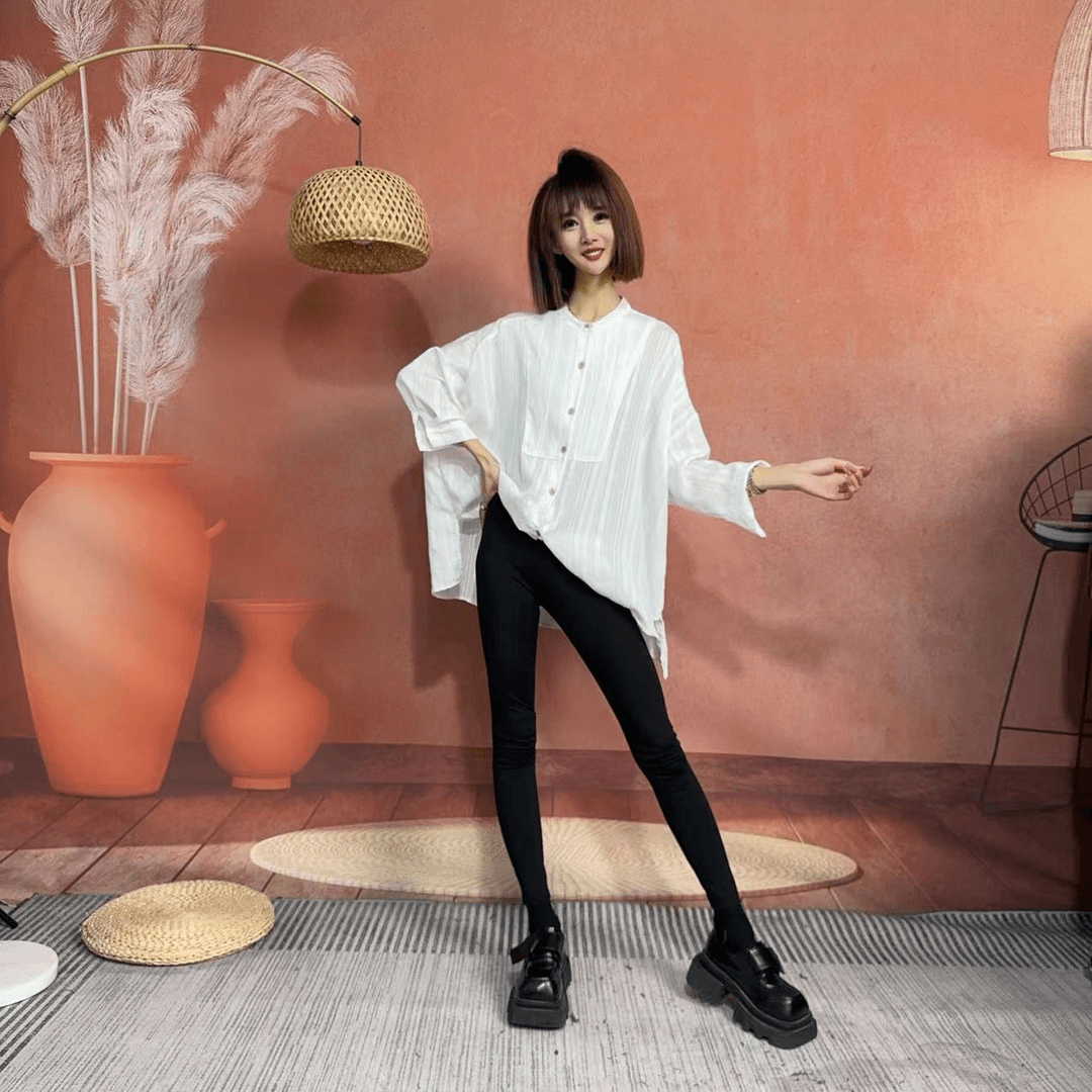 【沐木流浪记】白色竖纹倒三角圆领女装风衣外套z a420