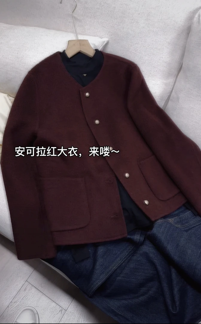 米蓝家名殿驼绒羊毛安可拉红小香短款大衣162