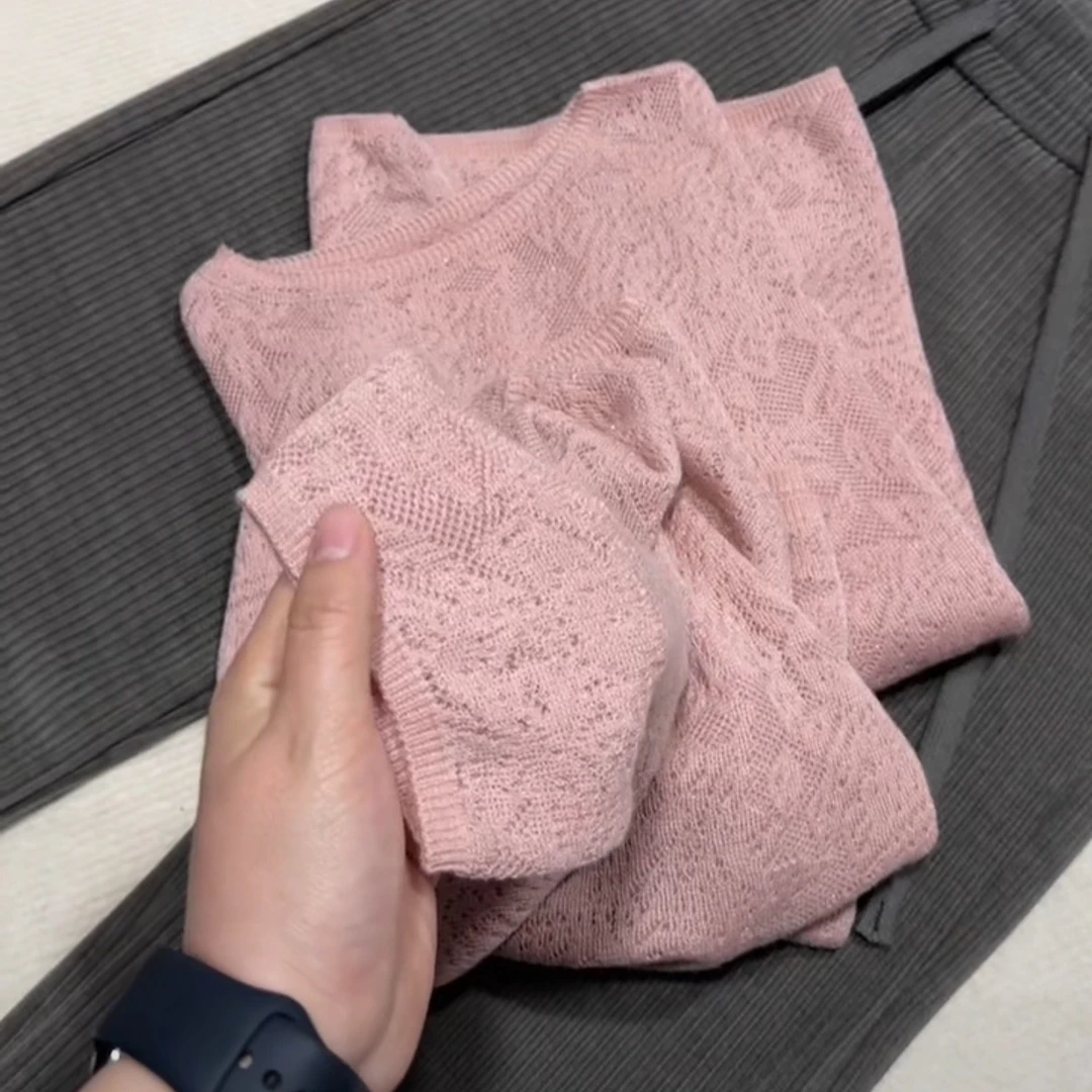 米蓝家柔软烟粉中袖蕾丝衫0008