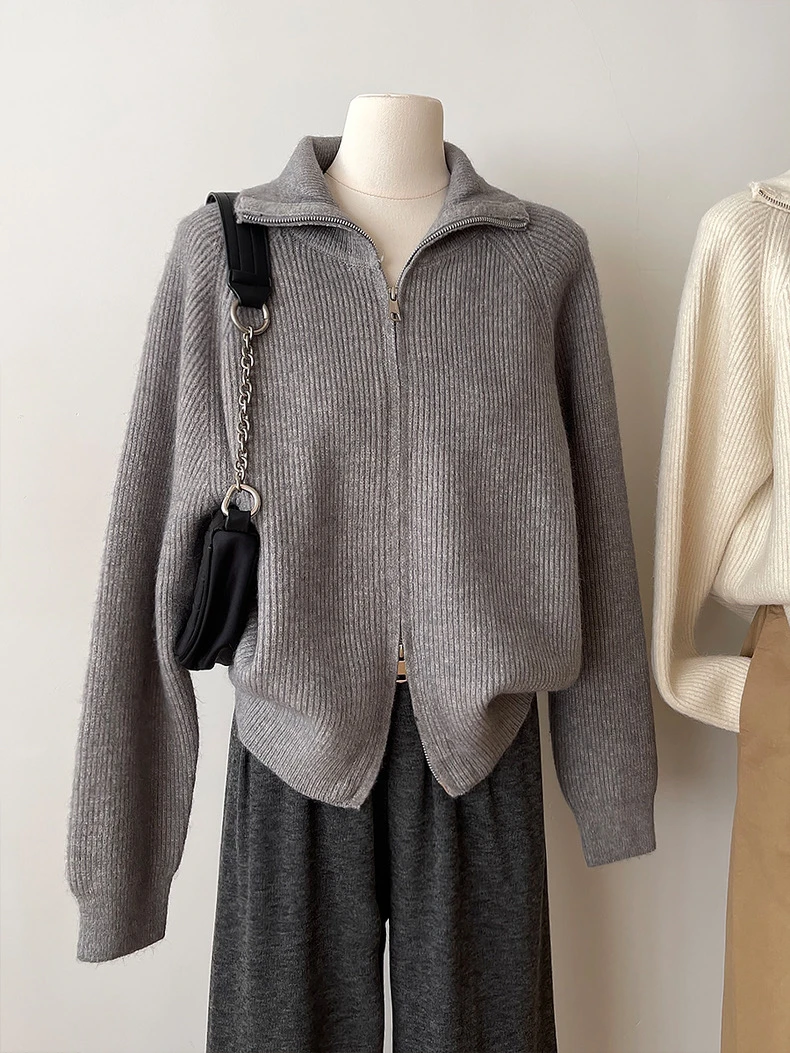 米蓝家名殿洋气烟灰色双头拉链立领开衫毛衣5566