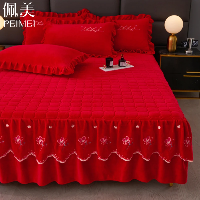 高档牛奶绒蕾丝床裙加厚绒单件床罩结婚庆2025大红色防滑床单