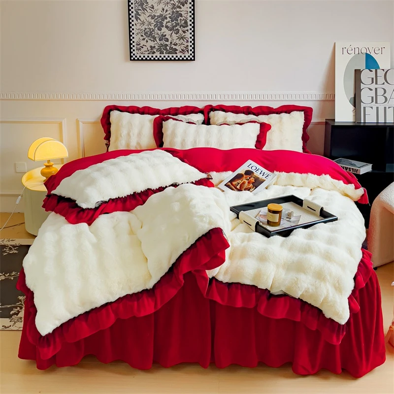 【韩版高端兔兔绒】冬季新款加绒加厚大红色床单床裙款牛奶绒四件套