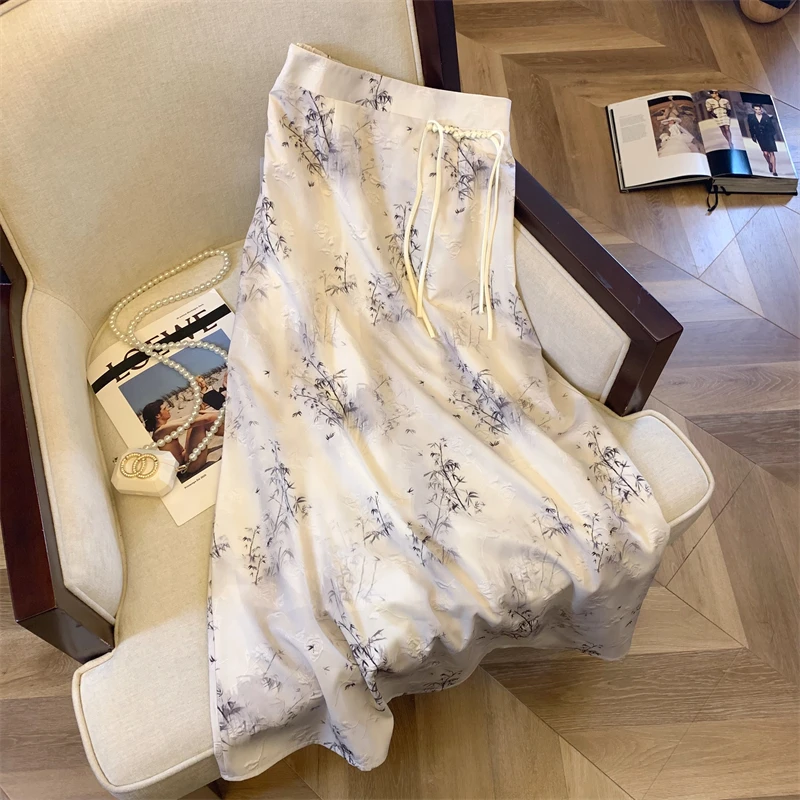 新中式水墨印花半身裙女2024秋季新款后松紧高腰气质A字国风裙子