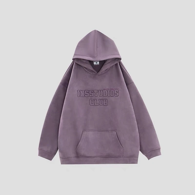 美式贴布刺绣LOGO麂皮绒卫衣宽松加绒帽衫