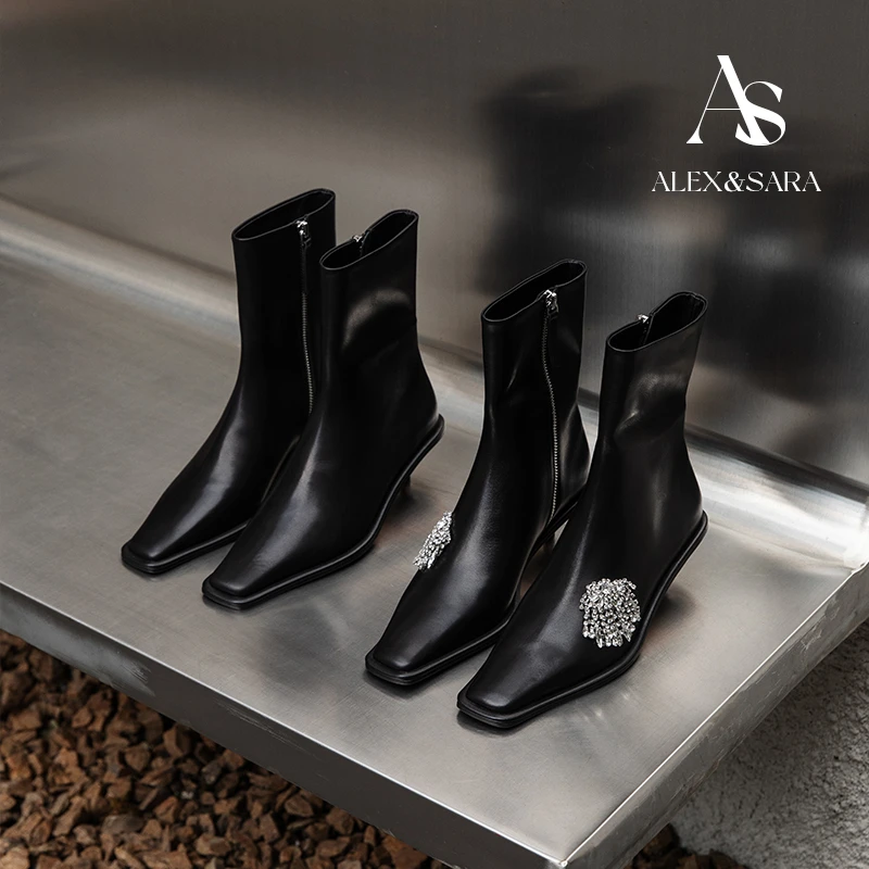 ALEXSARA 2025秋冬新款 方头金属跟真皮水钻扣拉链短靴瘦口矮筒靴