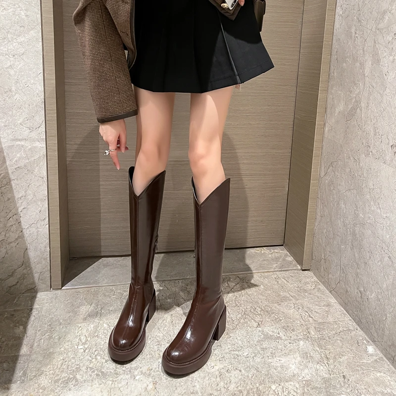 圆头胖妹妹厚底粗跟长筒靴日常百搭厚底高筒靴后拉链显瘦骑士靴女