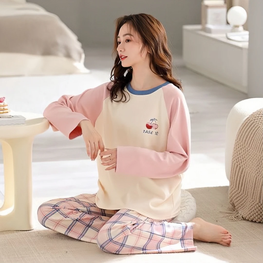 6801樱桃长袖长裤可外穿睡衣女套装家居服休闲纯棉韩版YZ