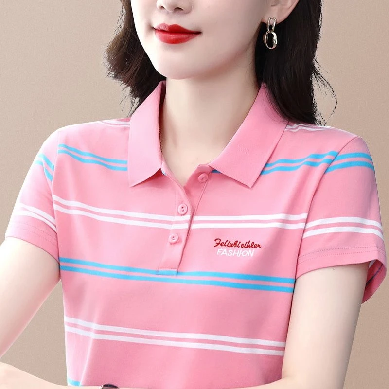 翻领条纹Polo衫短袖t恤女2025夏季新款韩版休闲大码显瘦打底上衣