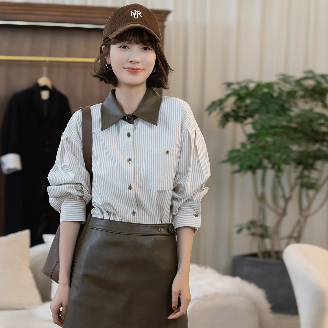 现货-【胶片小诗】PU皮领条纹衬衣FS309S017