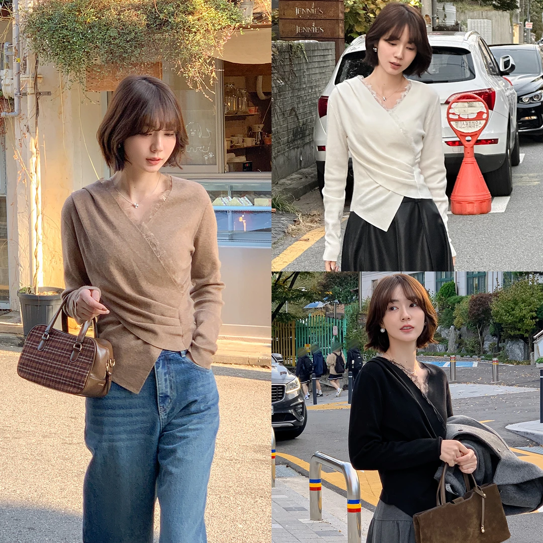 现货-【蕾丝情书】FS411S005 V领褶皱打底衫