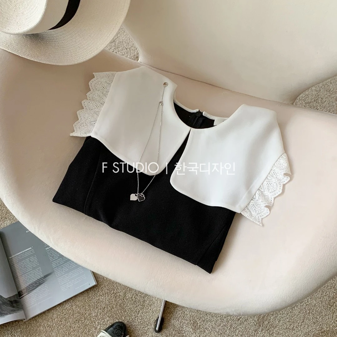 法儿家韩国限定【黑茶甜心】花边翻领连衣裙FS301L014