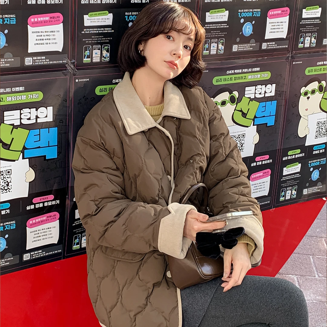 现货-【纸片人羽绒】FS410W018灯芯绒领口拼接羽绒服-zy