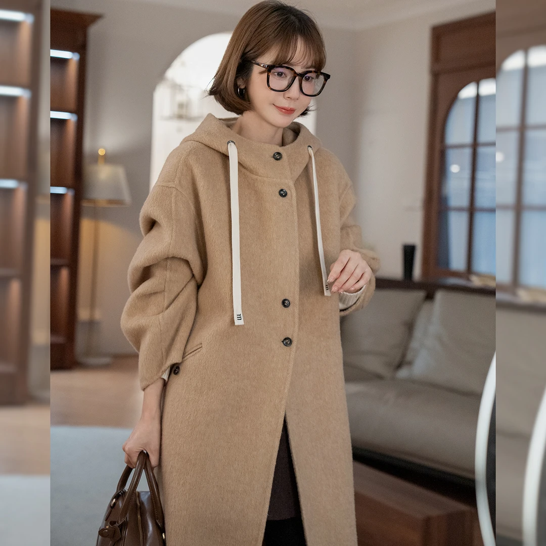 现货-【南山塔日落】FS410W016连帽抽绳呢子外套