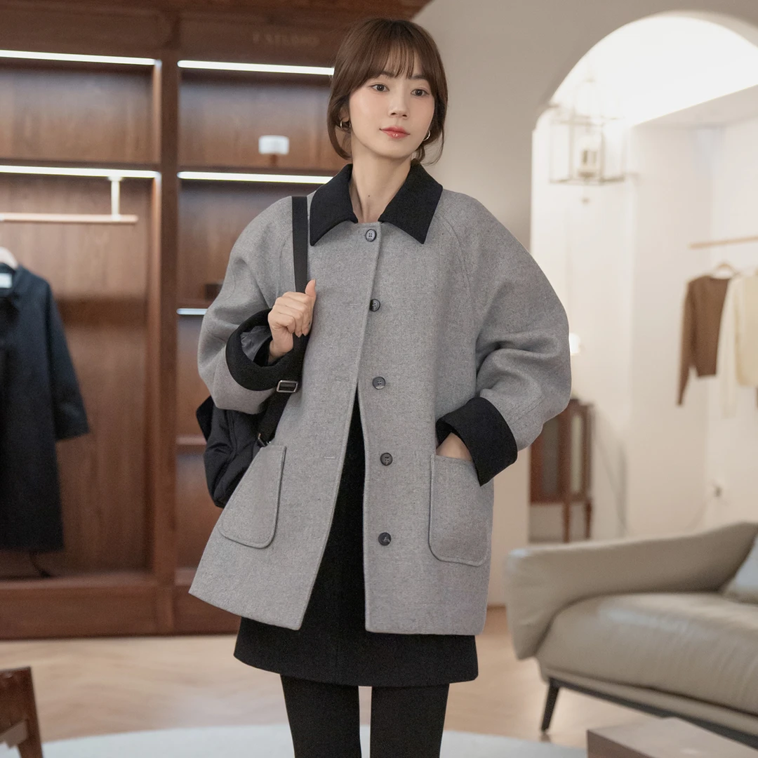 现货-【博主假期】FS408W010拼色单排扣呢子衣