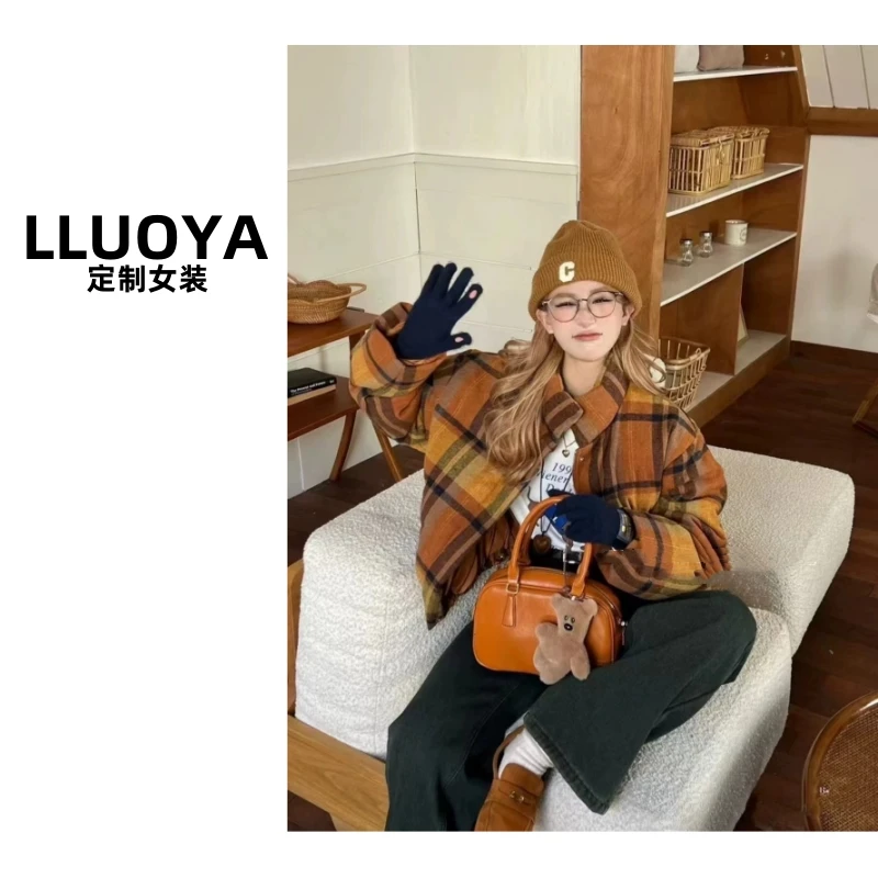 美拉德 -复古格子厚款棉服外套