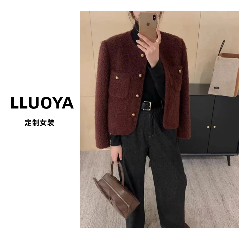 法式赫本风高级酒红小香风加厚外套2023冬季新款