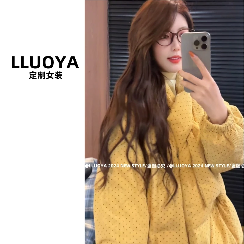 奶酪黄 - 围脖领波点加厚款棉服外套