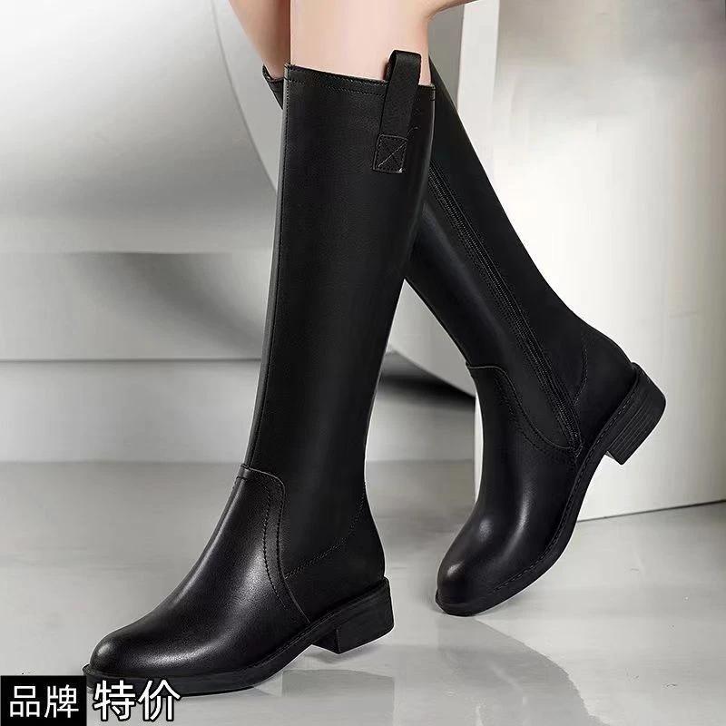 长靴女新款秋冬加绒皮靴中跟百搭弹力靴粗跟骑士平底过膝大码长筒