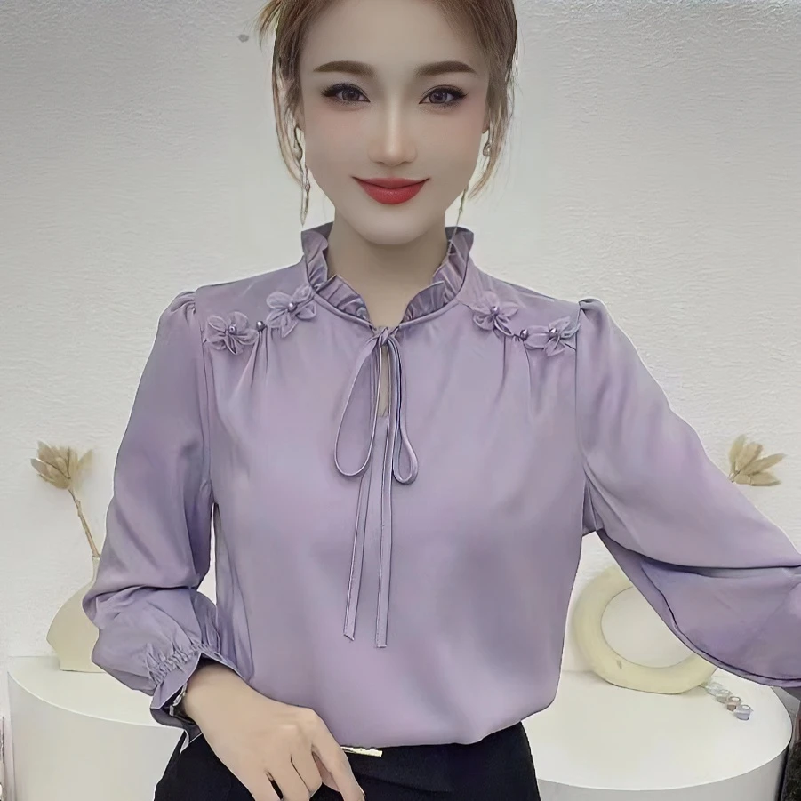 2024春新款奢华缎面衬衫长袖显瘦时尚百搭上衣女设计感气质衬衫