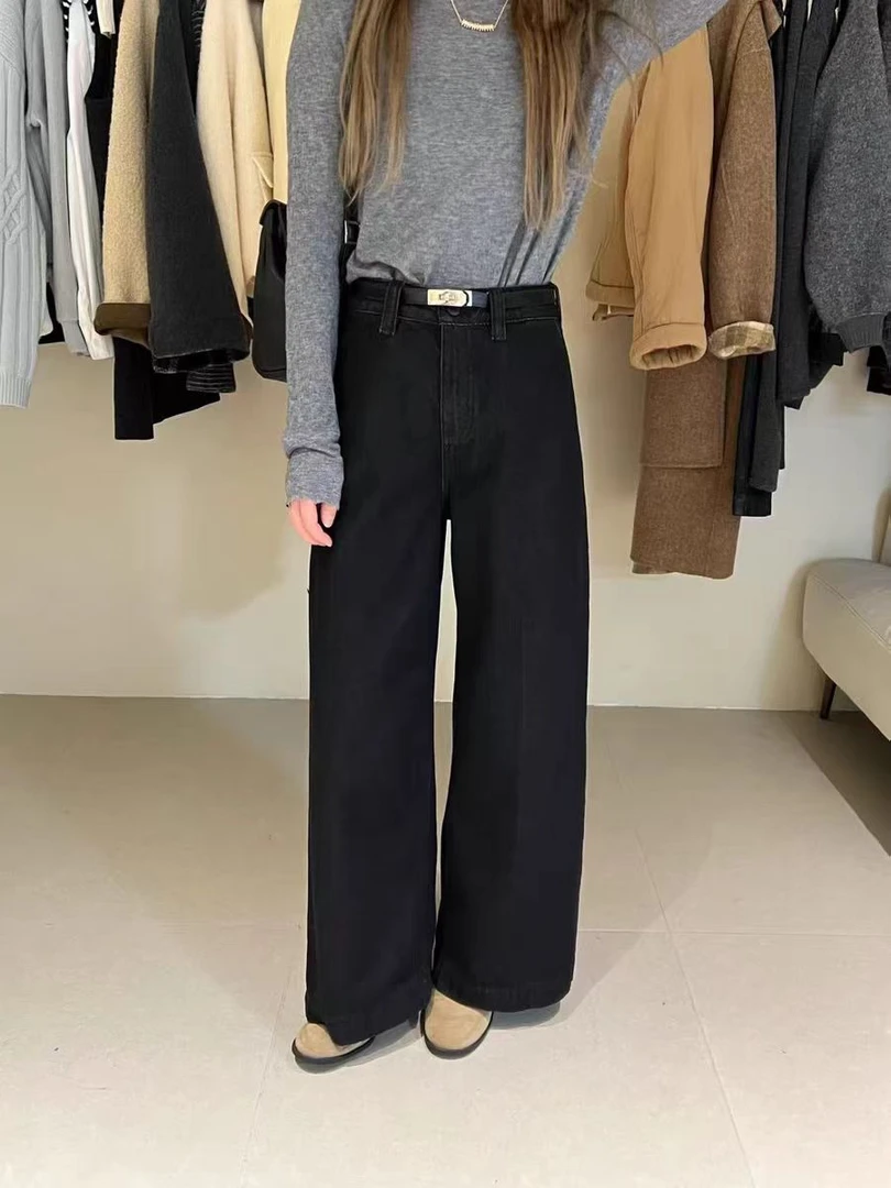 正品OVERRICH韩版重工爱马仕黑金牛仔裤 直筒阔腿加绒保暖女裤