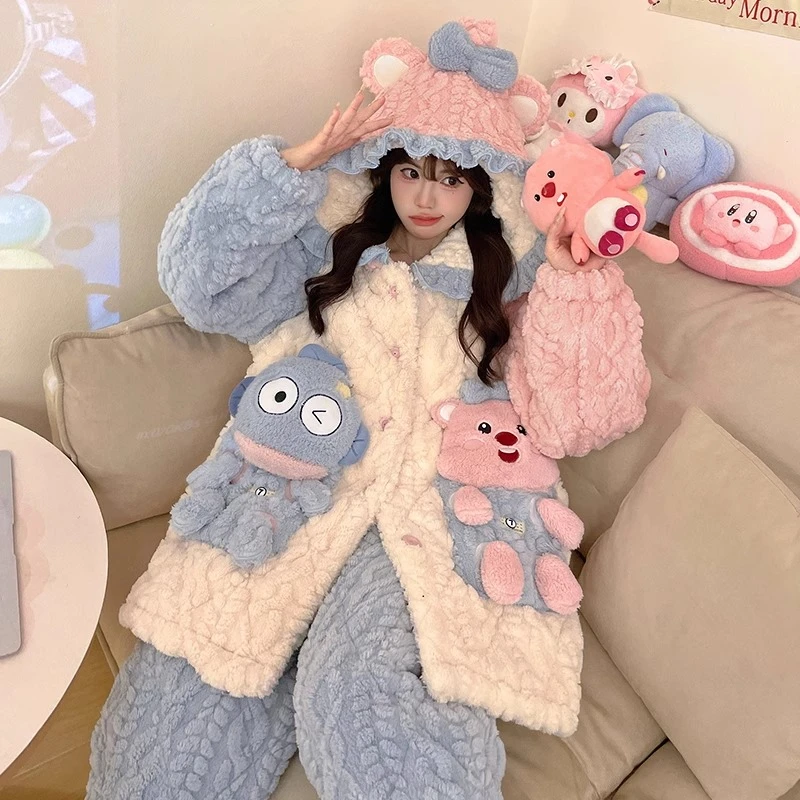 冬款睡衣女2024新款秋冬季加厚加绒三层夹棉学生连帽珊瑚绒家居服