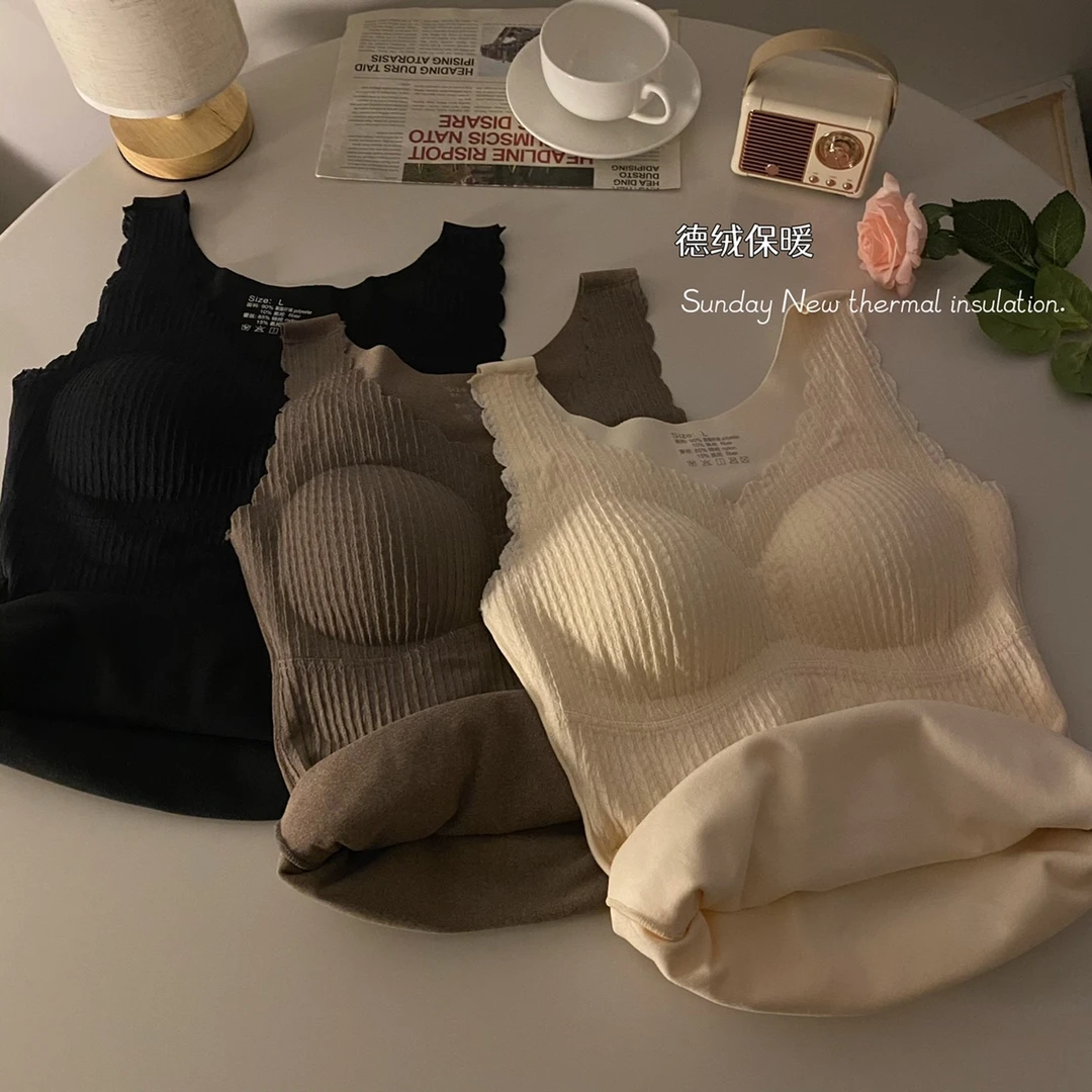 韩版带胸垫吊带背心加绒加厚内搭外穿秋冬女士无痕德绒保暖背心女