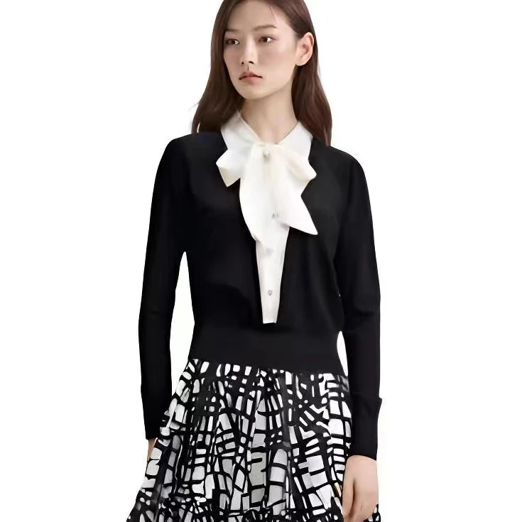 【467上衣】薇乐女装文艺格黑白气质长袖秋季女士收腰时尚