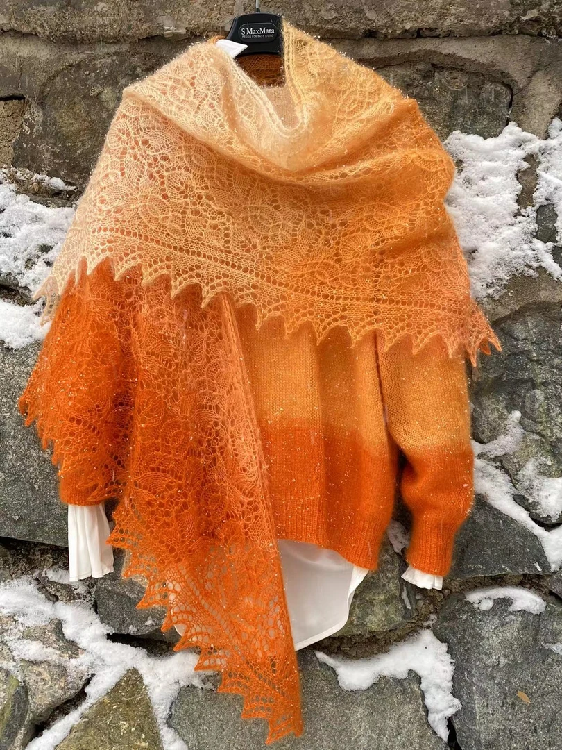 木兰阁手艺~月白真丝马海毛披肩（6团线双股月白）~有详细视频教程