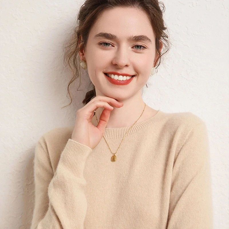 鄂尔多斯市产一线成衣羊绒衫女圆领毛衣宽松套头针织内搭打底衫女