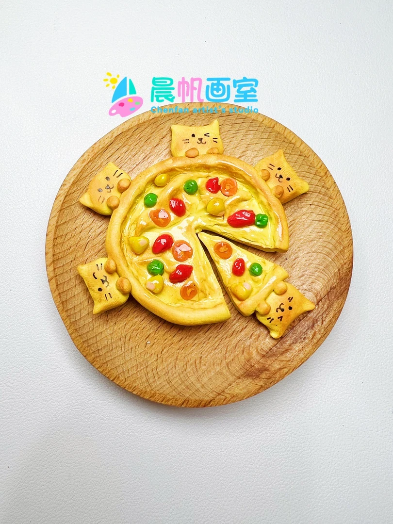 原创软陶自制猫咪披萨冰箱贴可爱逼真食玩旅游纪念品微缩
