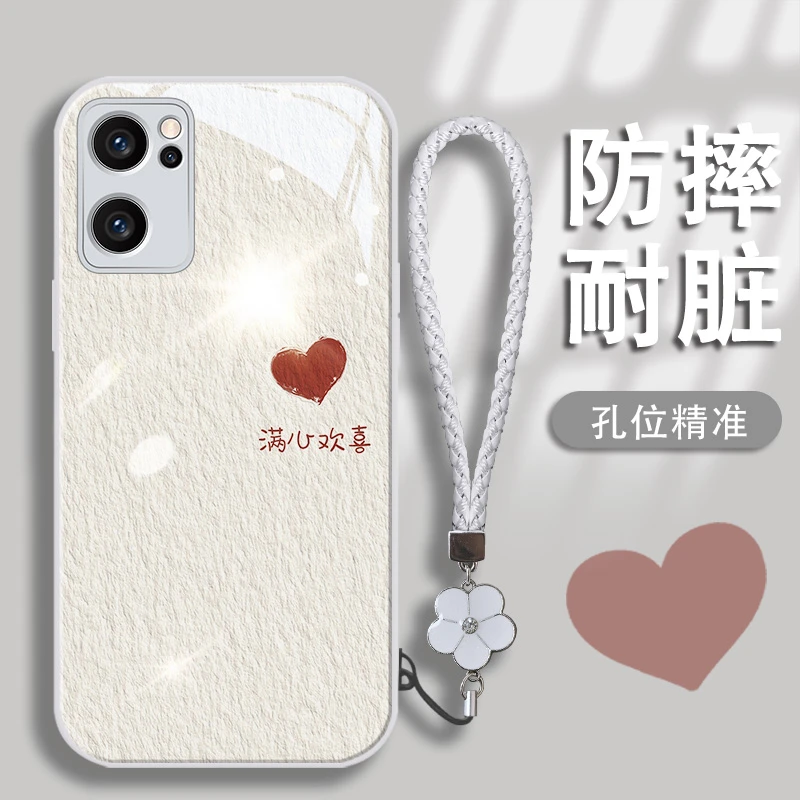 适用OPPOreno7se手机壳满心欢喜金漆玻璃壳软边全包防摔保护套