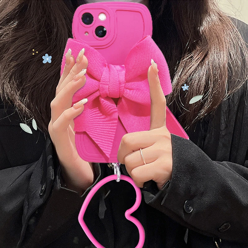 适用【苹果/华为/vivo/oppo/小米】玫红色大蝴蝶结波浪边手机壳