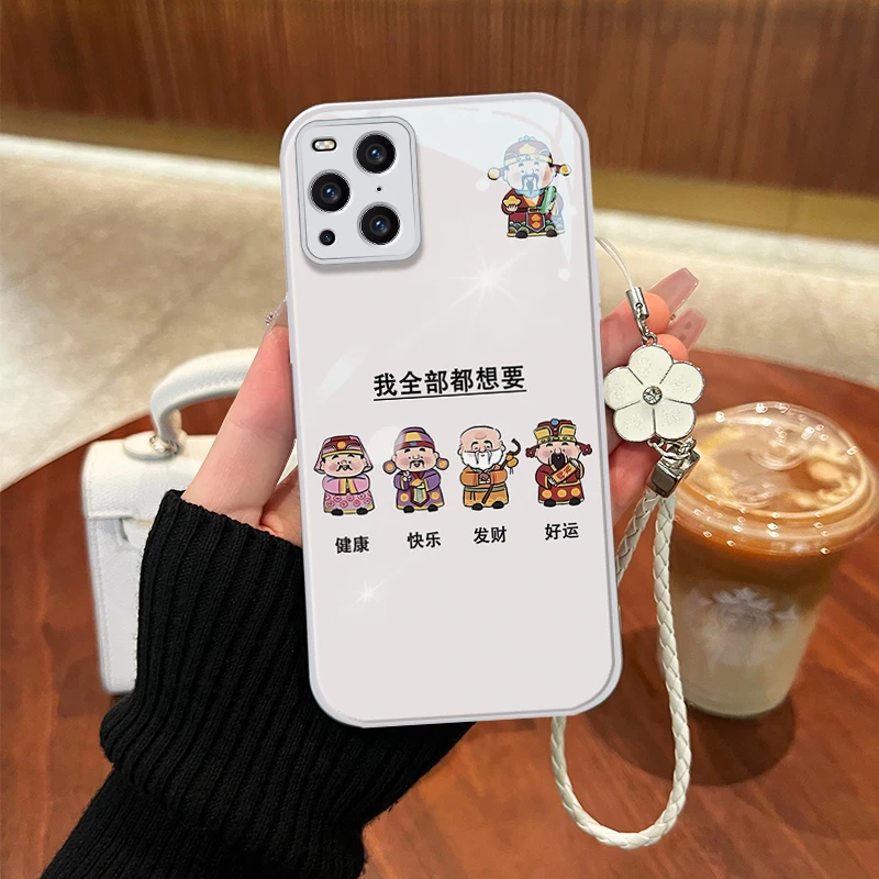 适用OPPOfindx3五路财神金漆玻璃全包手机壳简约玻璃壳女