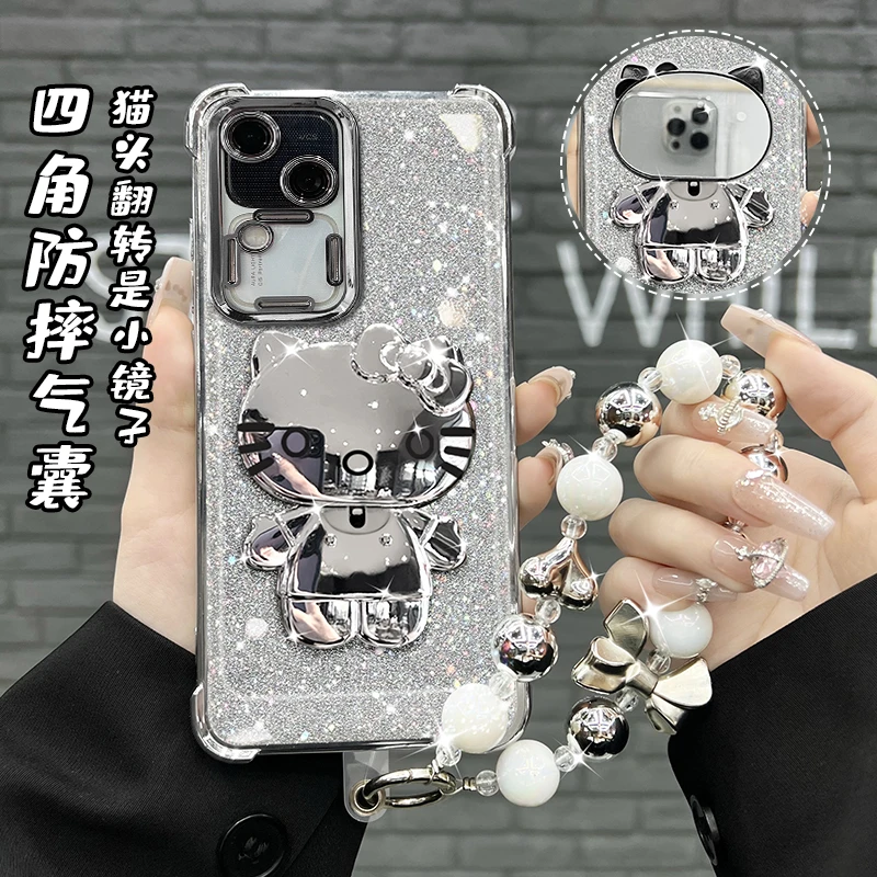 适用【VIVO】s18/s18pro四角防摔电镀猫咪镜子支架高级感手机壳机壳