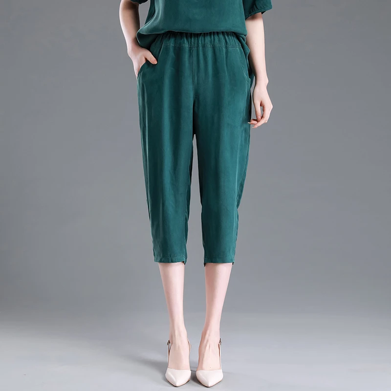 夏季薄款铜氨丝女裤七分裤女士休闲裤高腰凉爽宽松垂感大码哈伦裤