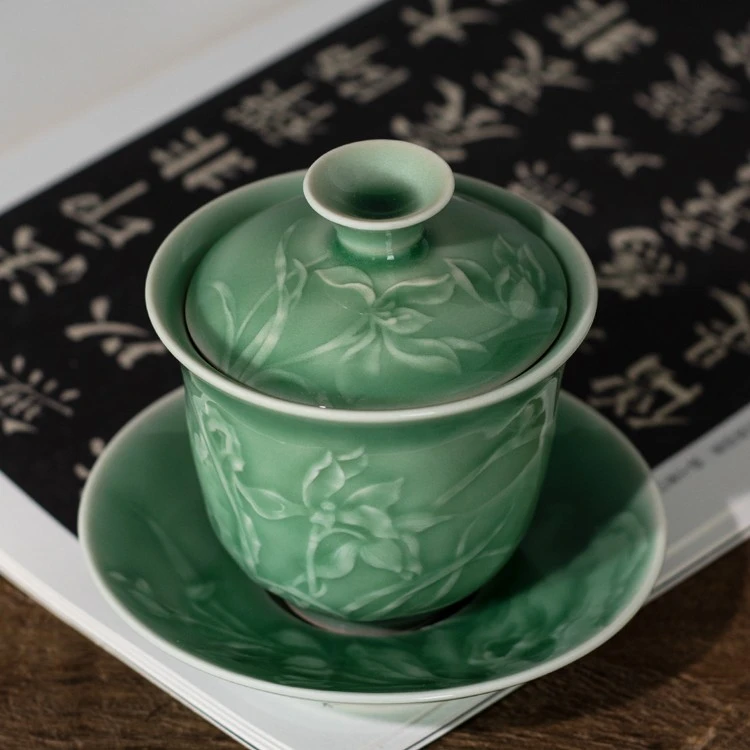 龙泉瓷器【空谷幽兰】三才盖碗手工茶具陶瓷瓷盖碗青瓷茶道花纹