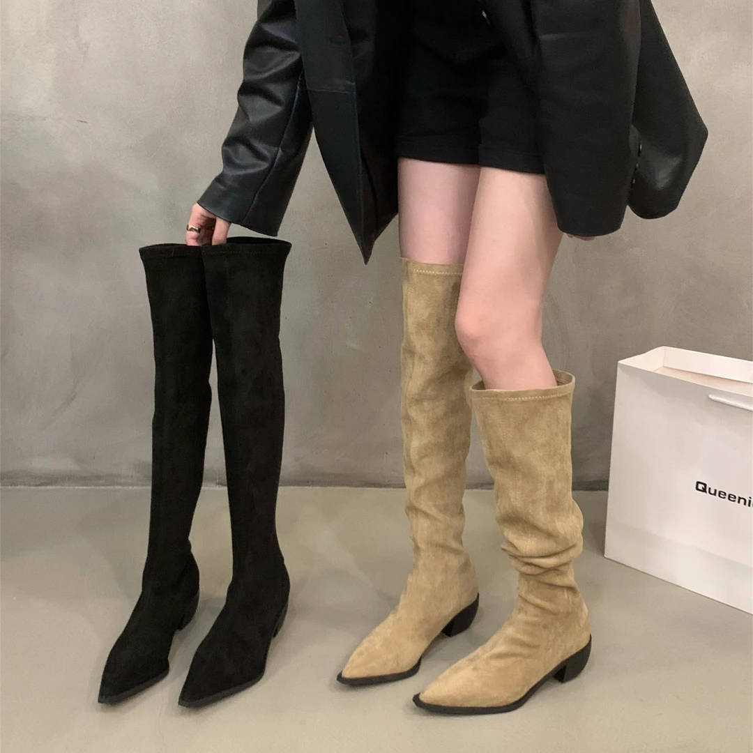 粗跟尖头绒面过膝长筒靴女鞋2023新款秋冬季高筒堆堆靴瘦瘦长靴子