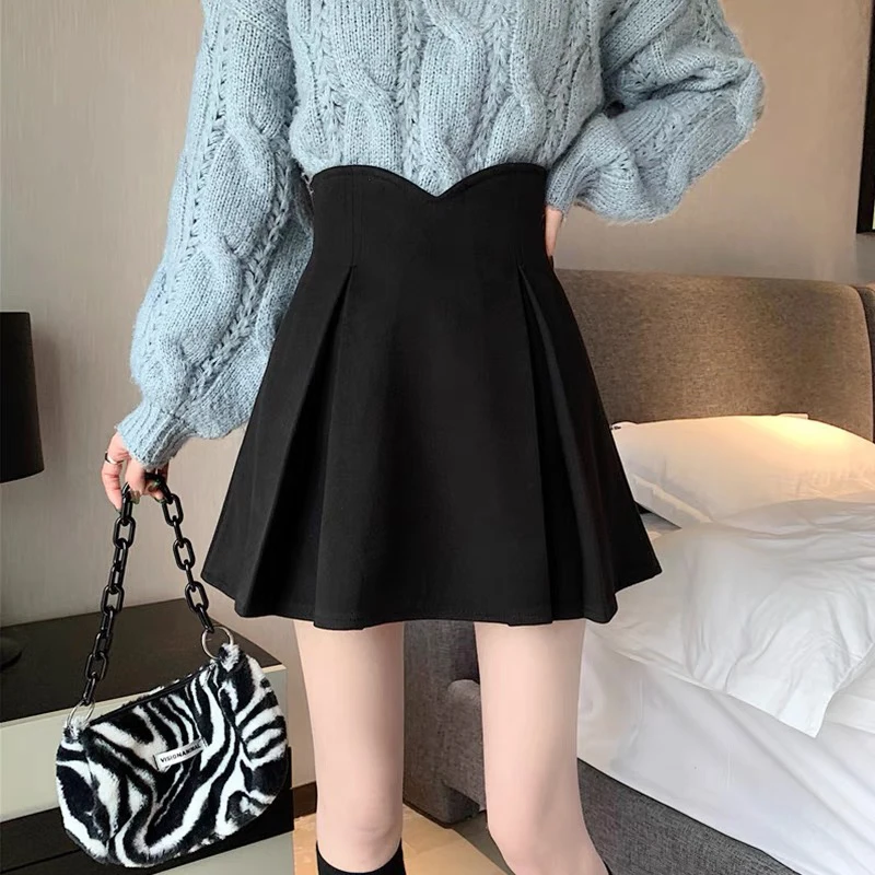 毛呢小黑裙胖mm秋季高腰半身短裙设计感小众A字百褶裙女显瘦秋冬