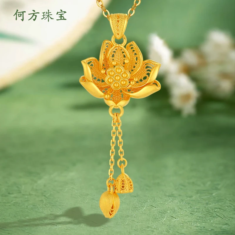 何方珠宝古法黄金吊坠足金999古韵莲花莲蓬流苏项链新款送女友