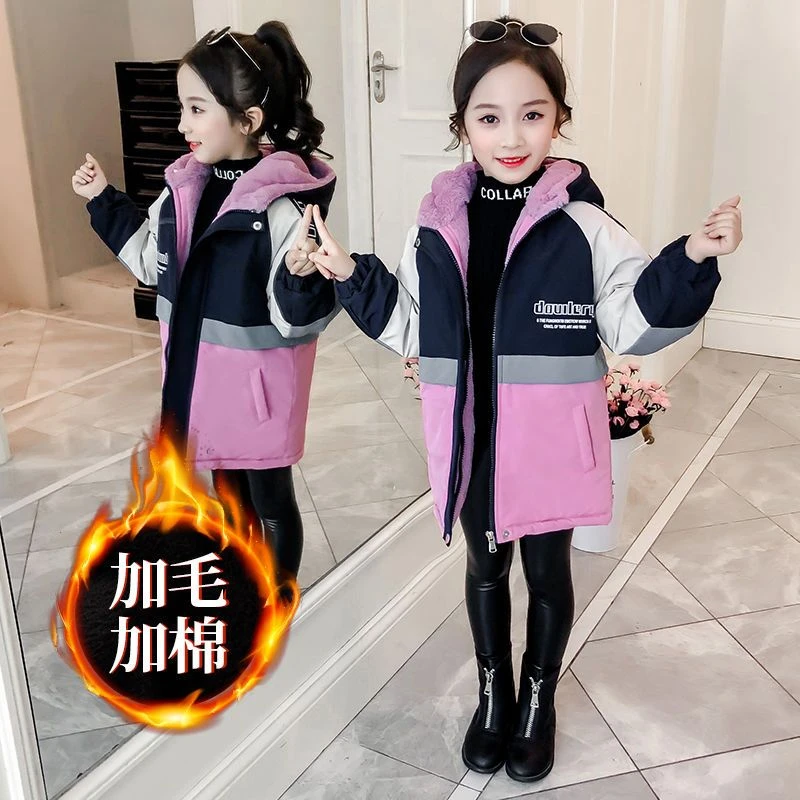 巴啦吧女童棉服风衣外套新款中长款超厚冬季女孩加厚加绒儿童装I