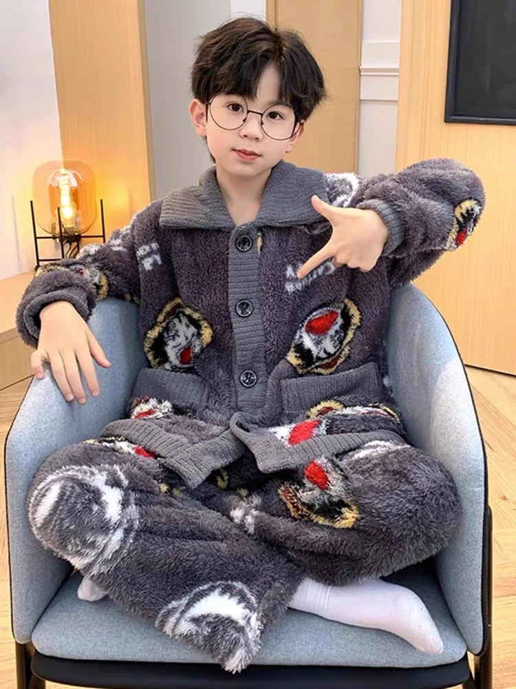 绒2 儿童睡衣男童秋冬款珊瑚绒套装男孩中大童加厚加绒法兰绒卡通